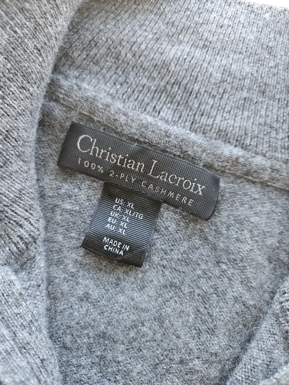 Christian Lacroix Men's XL 100% 2-Ply Cashmere Gray Quarter Zip Sweater